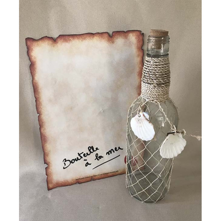 Bouteille Déco avec Filet Abaca 30CM "MESSAGE A LA MER" par 6