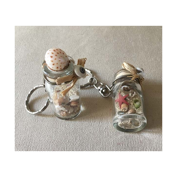 Porte clefs flacon déco sable & coquillages lot de 25