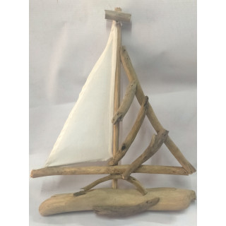 Bateau bois flotté et voile tissus 38cm par 3