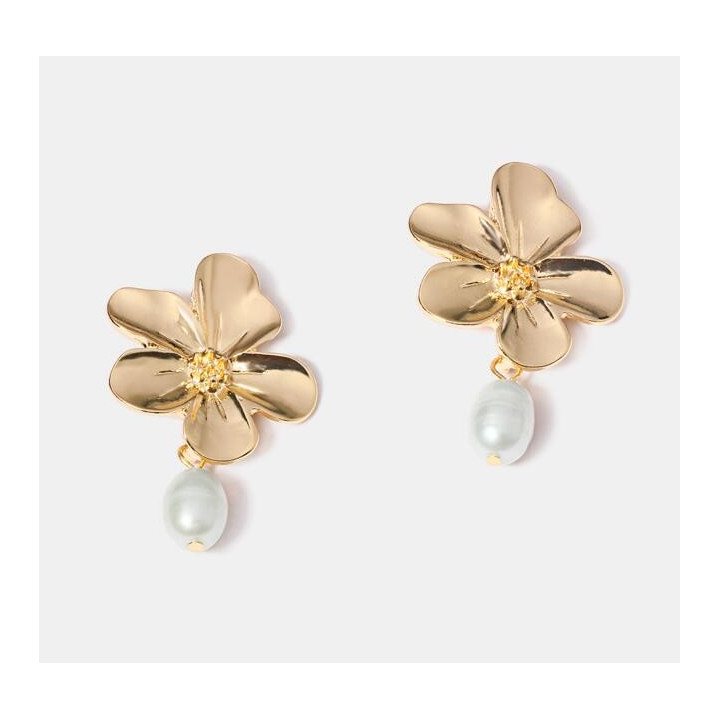 Boucles d'oreilles fleur dorée et perle de culture par 3