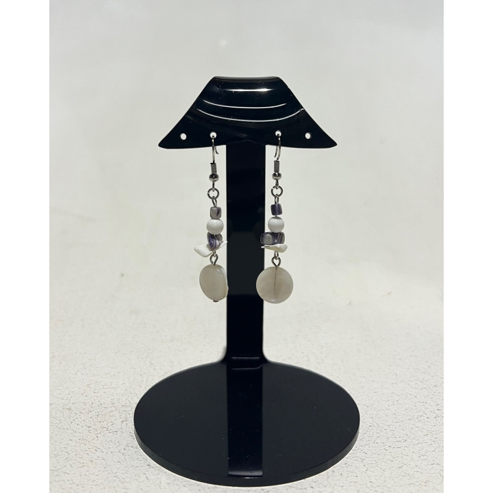 Boucles d'oreille disque coquillages et perles mauves par 12