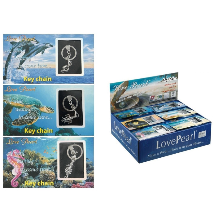 Présentoir 24 portes clefs perle dans l'huitre 3 modèles assortis