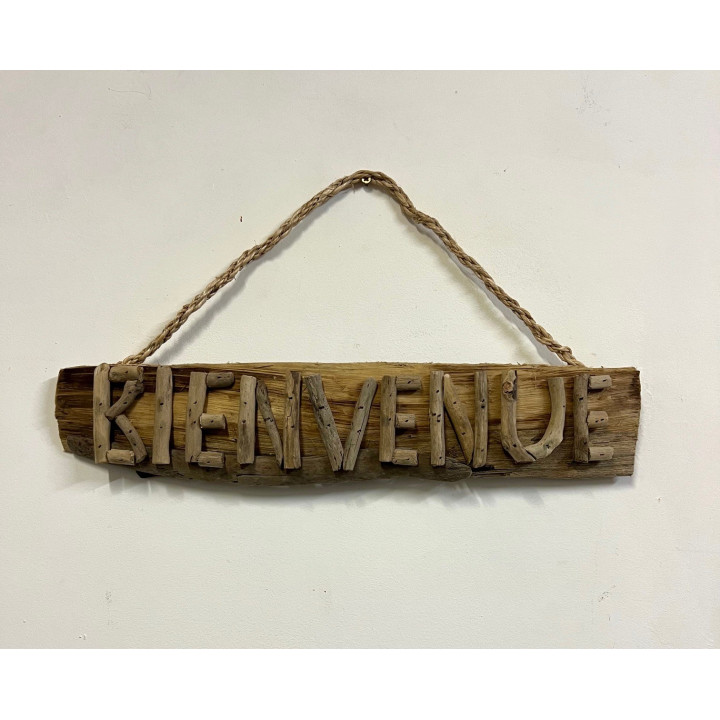 Plaque de porte bois flotté "Bienvenue" 30cm par 6