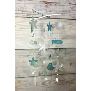 Mobile capiz bleu étoile, poisson, coquillages et perles 30cm