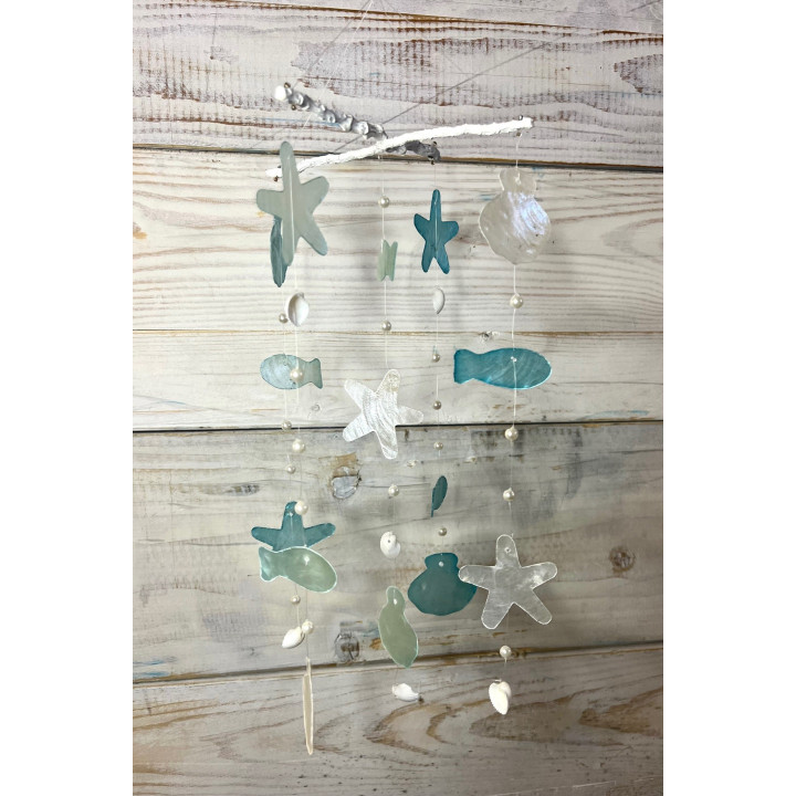Mobile capiz bleu étoile, poisson, coquillages et perles 30cm