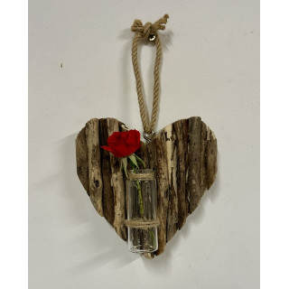 Coeur bois flotté 15cm avec vase transparent modèles assortis par 6
