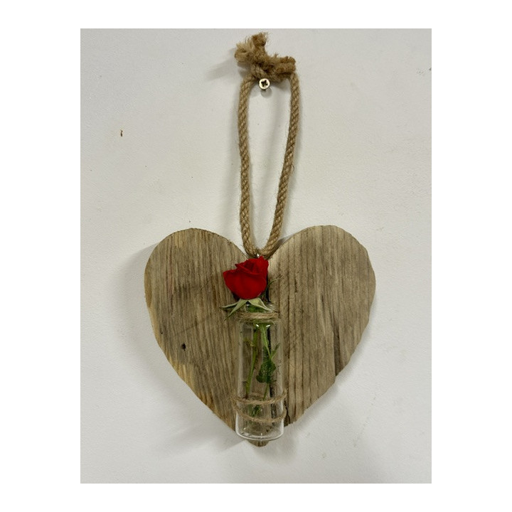 Coeur bois flotté 15cm avec vase transparent modèles assortis par 6