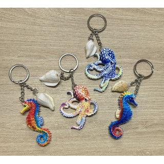 Porte-clés pieuvre, hippocampe et coquillage couleurs assorties 8cm par 24