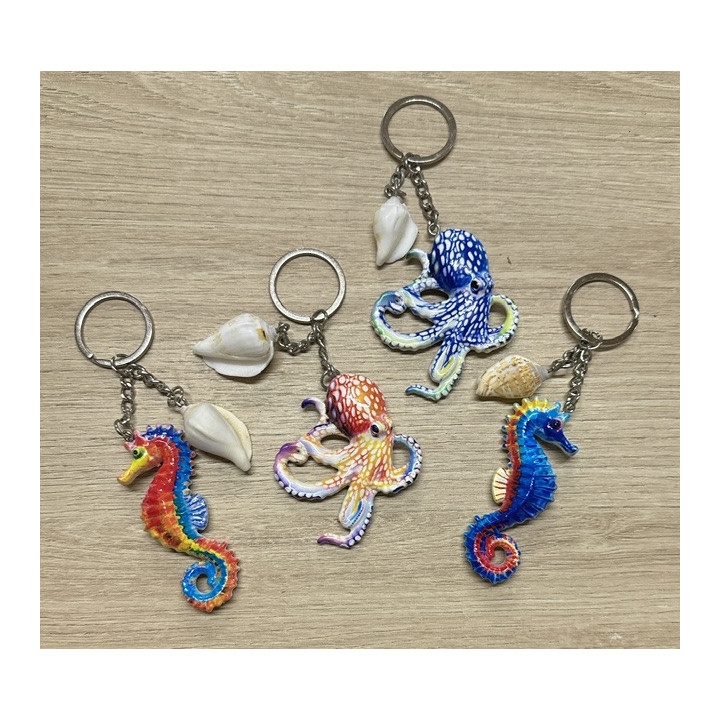 Porte-clés pieuvre, hippocampe et coquillage couleurs assorties 8cm par 24