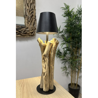 Lampe bois flotté abat jour noir métal rechargeable 37x15cm