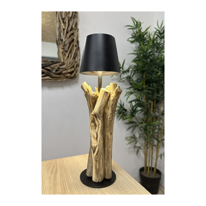 Lampe bois flotté abat jour noir métal rechargeable 37x15cm