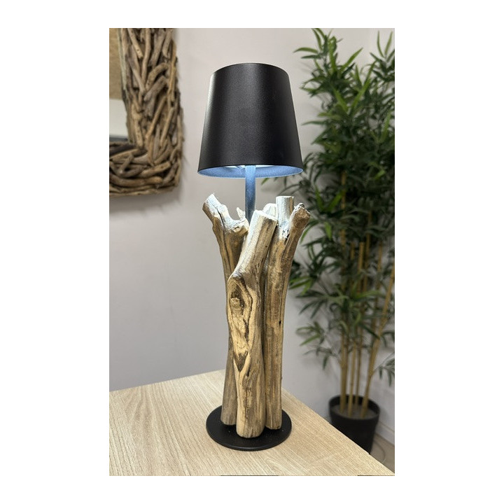 Lampe bois flotté abat jour noir métal rechargeable 37x15cm