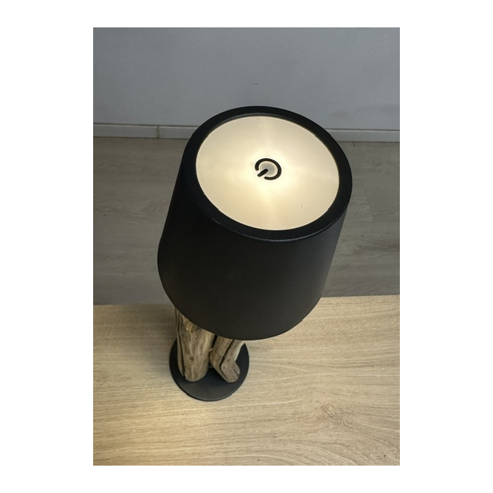 Lampe bois flotté abat jour noir métal rechargeable 37x15cm